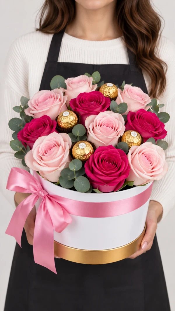 Букет в коробке из спрей розы с конфетами FERRERO ROCHER «Вишневая Весна»